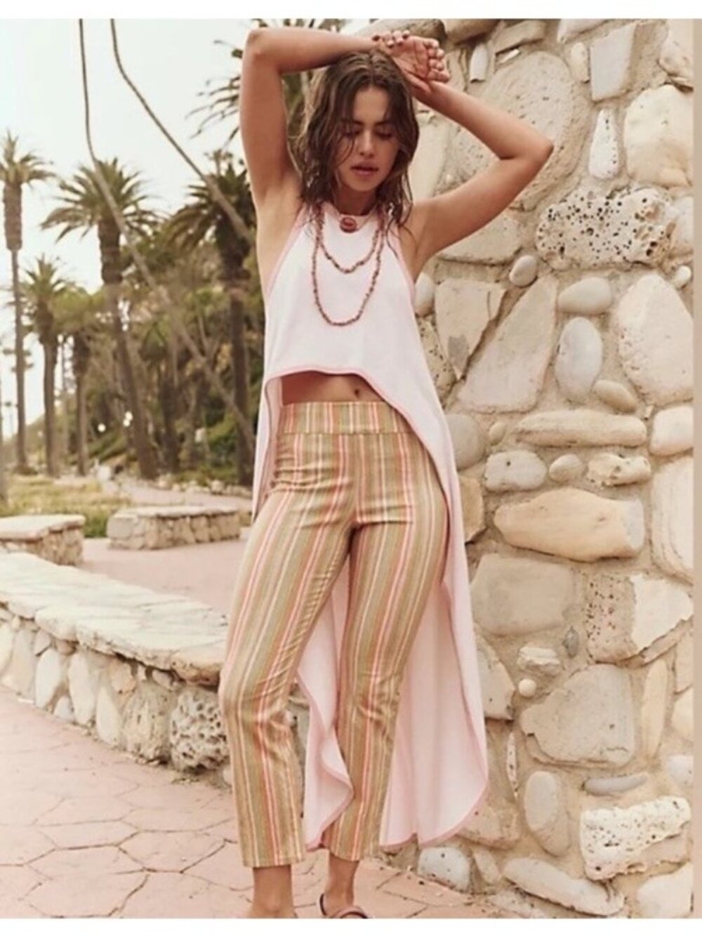 Free People Women's Sz S In My Feelings Green Orange Pink Stripe Cropped Pants